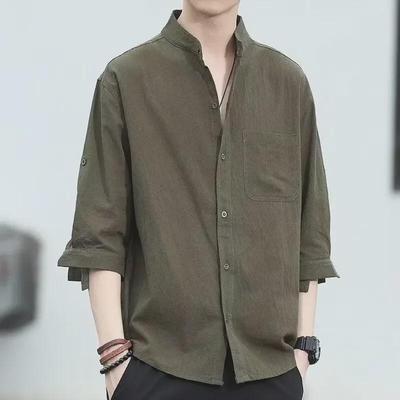 Chemise homme à col montant, style rétro japonais, en coton et lin, manches trois-quarts, décontractée et tendance