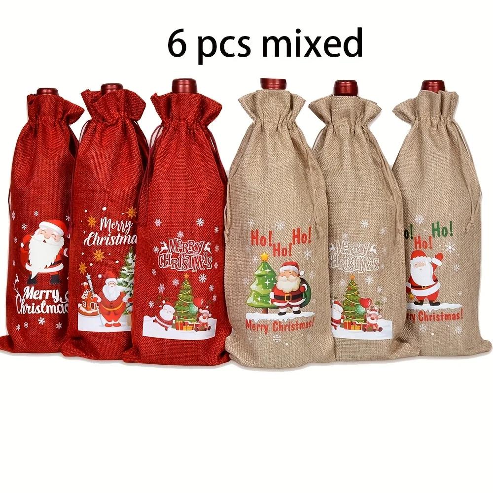 

6Pcs Bags Merry Christmas Linen Drawstring Bag for Red Wine Packaging Gift Storage Bundle Pocket Kids Children Pouch Party
