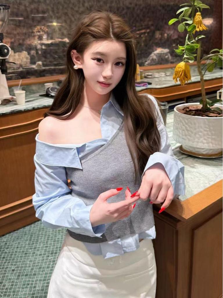 Nanyou Family Edition: Early Spring Off-the-Shoulder Shirt & Knit Vest Layered Two-Piece Set