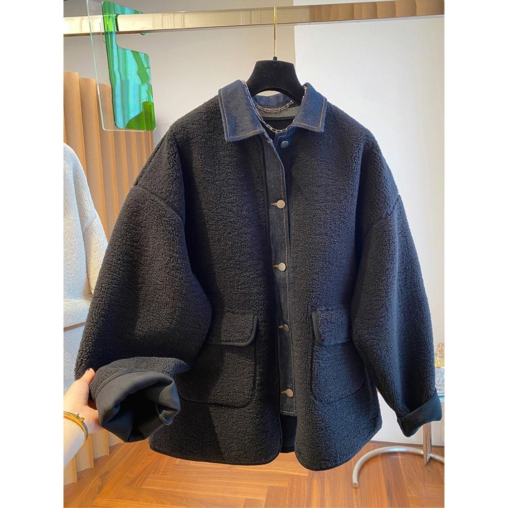 Women's Korean-Style Loose-Fit Fall/Winter Denim and Shearling Patchwork Jacket with Long Sleeves