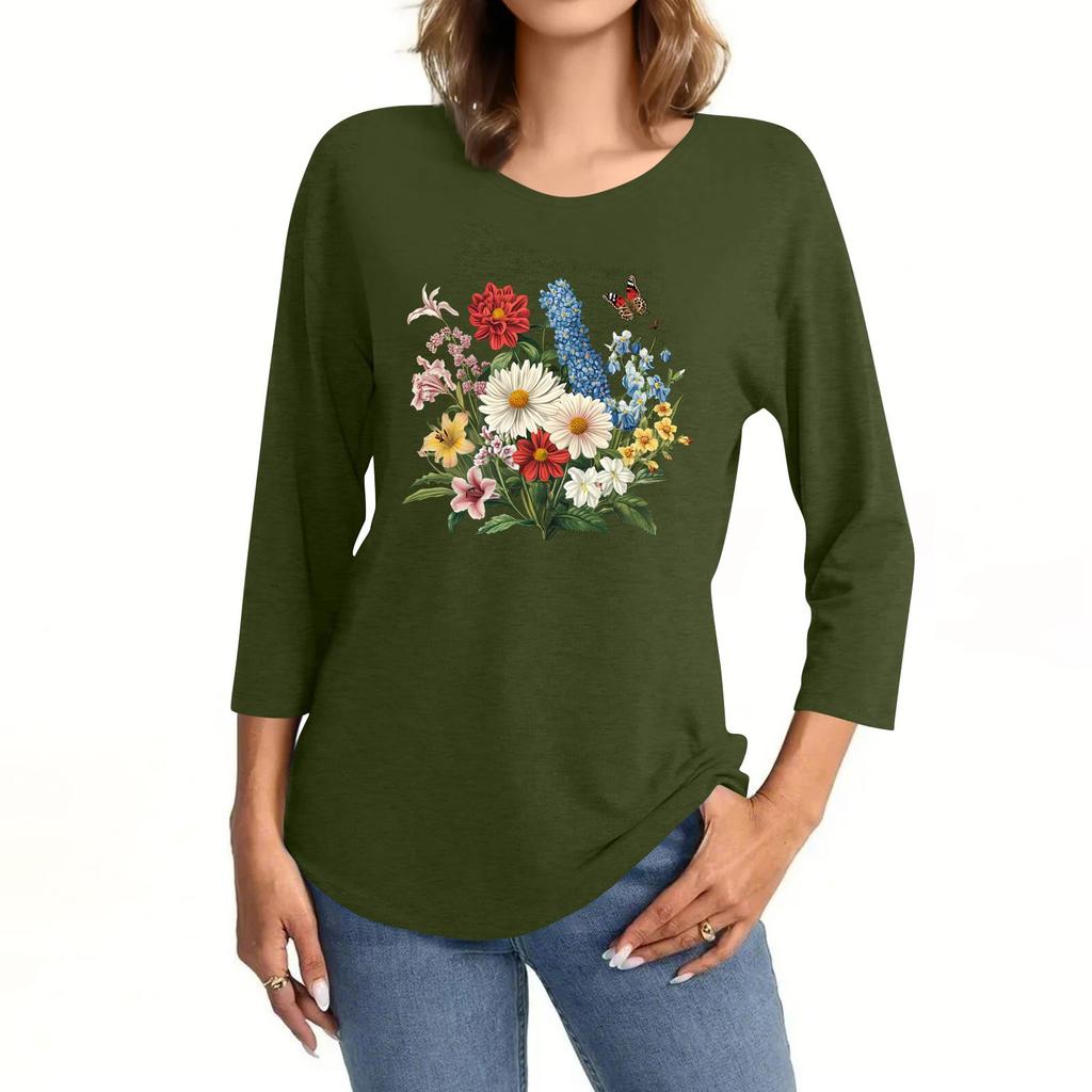 Women's Fashion Casual Seven-Point Sleeve Print Round Neck Top