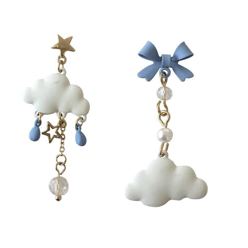 

1Pair Asymmetrical White Cloud Earrings Pom-pom Cute Blue Bow Girl Heart Earrings Earrings