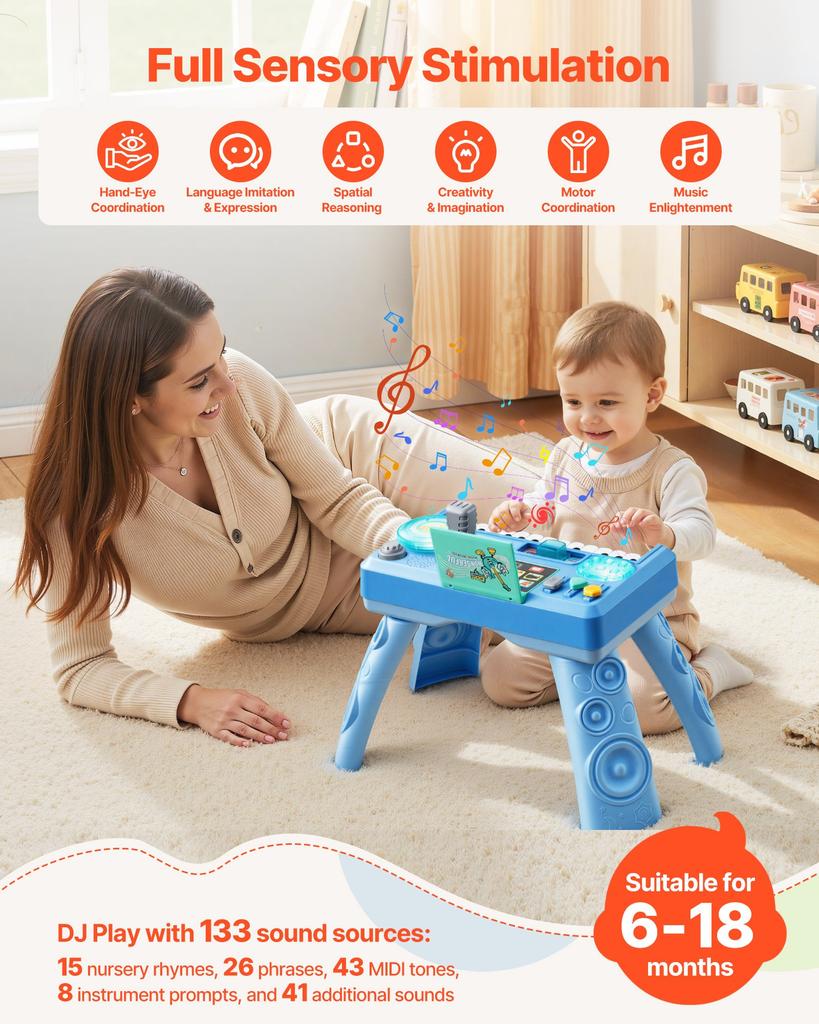 VEVOR Baby DJ Playset for Toddlers 1-3, Educational Musical Table Toys with 133 Sound Sources, Recording and LED DJ Turntable