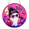 2D Flat, 1pc Round Aluminum Hanging Sign - Cute Pink BOO Decorative Signs, Halloween Holiday Party Metal Aluminum Plaque, Bar Porch Yard Living Room
