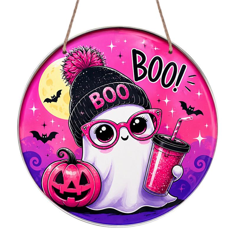 2D Flat, 1pc Round Aluminum Hanging Sign - Cute Pink BOO Decorative Signs, Halloween Holiday Party Metal Aluminum Plaque, Bar Porch Yard Living Room