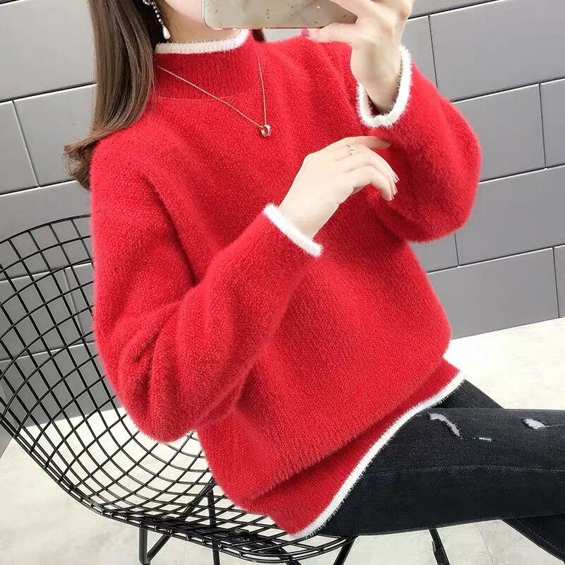 Plus Size Loose Mink Velvet Crew Neck Pullover Sweater Women's Autumn & Winter Chenille Thickened Outer Wear Knit Top