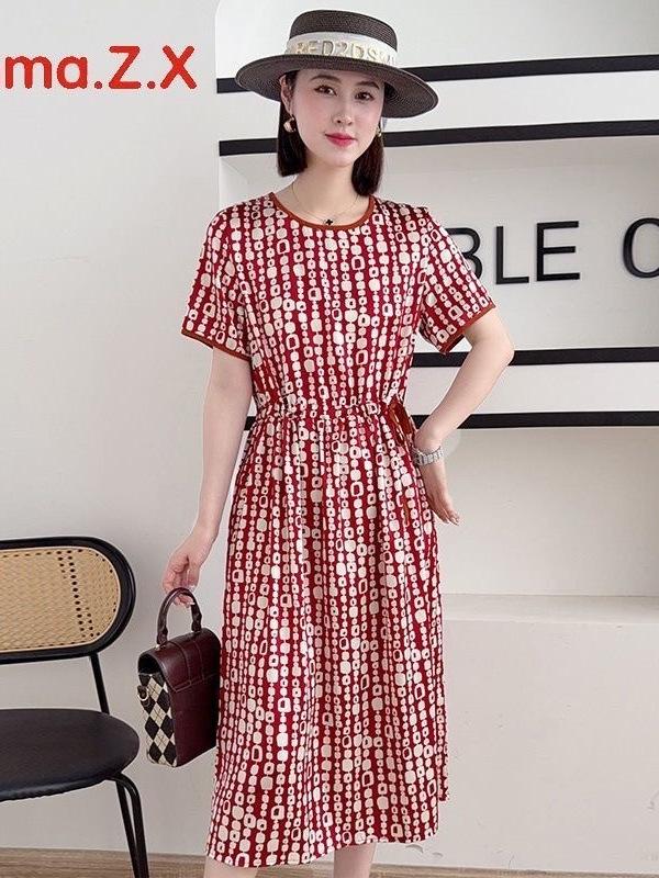 2026 Summer European & American Style Women's Multi-Color Printed High Waist Dress with Round Neck & Short Sleeves