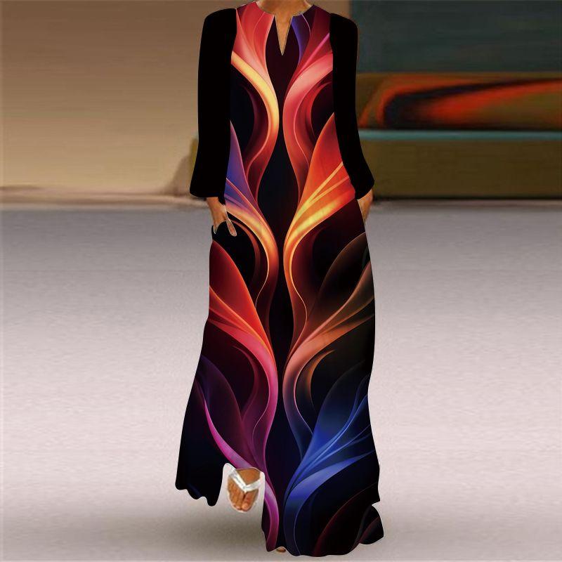 Long Sleeve Dress Classical Beauty Pattern Print Dress Stage Show Performance Wear Travel Photography Clothes