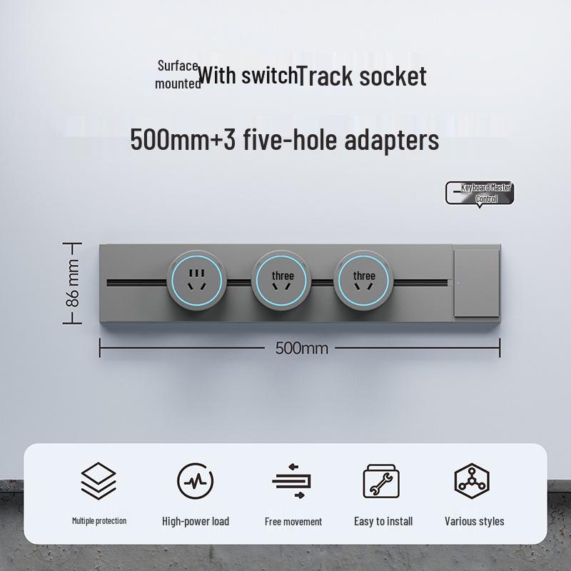 Surface-Mounted Anti-Shock Adjustable Power Strip with Switch Track for Kitchens