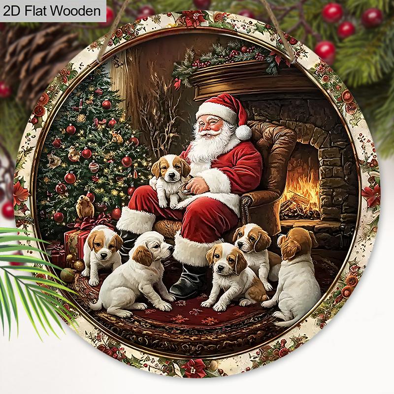 Rustic Christmas Wooden Sign with Santa Claus & Dogs Pattern - Navidad Artwork for Front Door, Wall Hanging Decor - Ideal Christmas Decoration