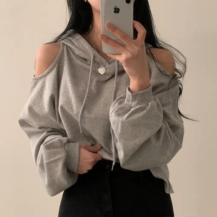 Korean Dongdaemun Stylish Off-Shoulder Hooded Sweatshirt for Women One Size белый