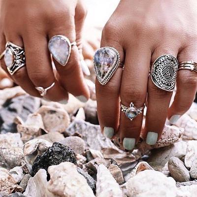 Vintage starožitné prsteny sady Barevný opálový krystal Stone Carve pro ženy Muži Bohemian Jewelry Anillos