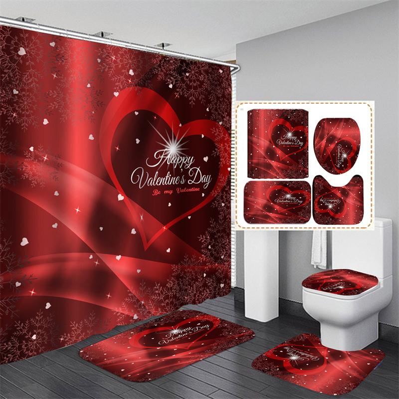Valentine's Day Bathroom Bathing Waterproof Shower Curtain Home Entrance Doormat Bathtub 4Pcs Set Toilet Seat Cover Rugs Bath Non-Slip Floor Mat Love
