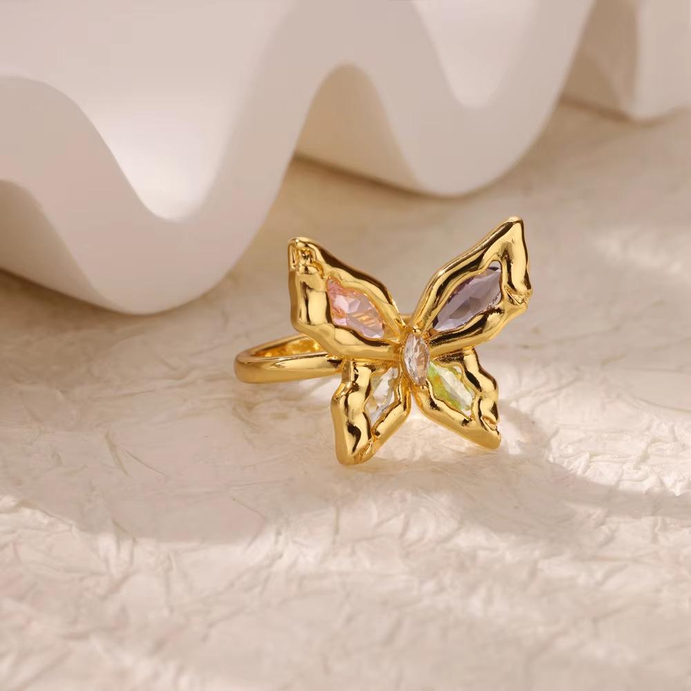 Fashion Wind Moon Butterfly Titanium Steel Ring K Gold Plated Pearl Inlaid Geometric Women's Hand Jewelry