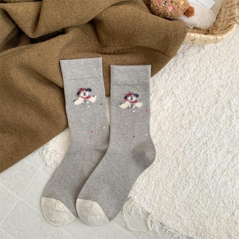 Cute Plush Puppy Cashmere Socks, Women's Mid-calf Socks, Autumn and Winter Thickened and Fleece Warm Cartoon Wool Long Socks