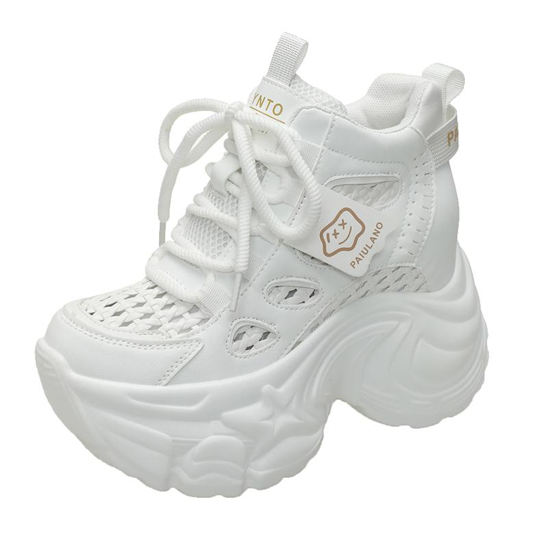 Fashion 10CM Chunky Leather Sneakers Summer Lace-up Casual Vulcanized Shoes Woman High Platform Breathable Hollow Mesh Sport Dad Shoes