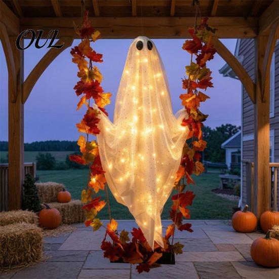 Fernbedienung LED Geisterlichter Schwingende Outdoor-Dekoration, Großer Halloween-Hänger mit Ahornblatt Leuchtendes Gaze-Anhänger Ranke Und für Baum, Veranda, Hof,