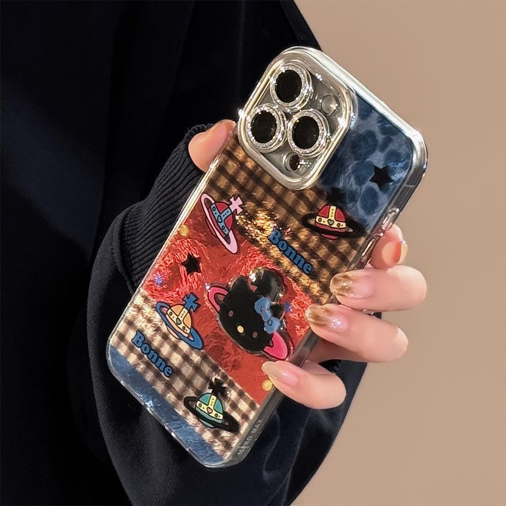 Chat Planète Épissage à Carreaux Convient pour Coque de Téléphone Portable Iphone17 Apple 16 Lanière 14promax Tridimensionnel 13 Dur