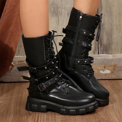 Mode Femmes Bottes Mi-Mollet Automne Hiver Lacets Fermeture Éclair Botas Sports Talon Plateforme Chaussures Dames Bottes Hautes au Genou