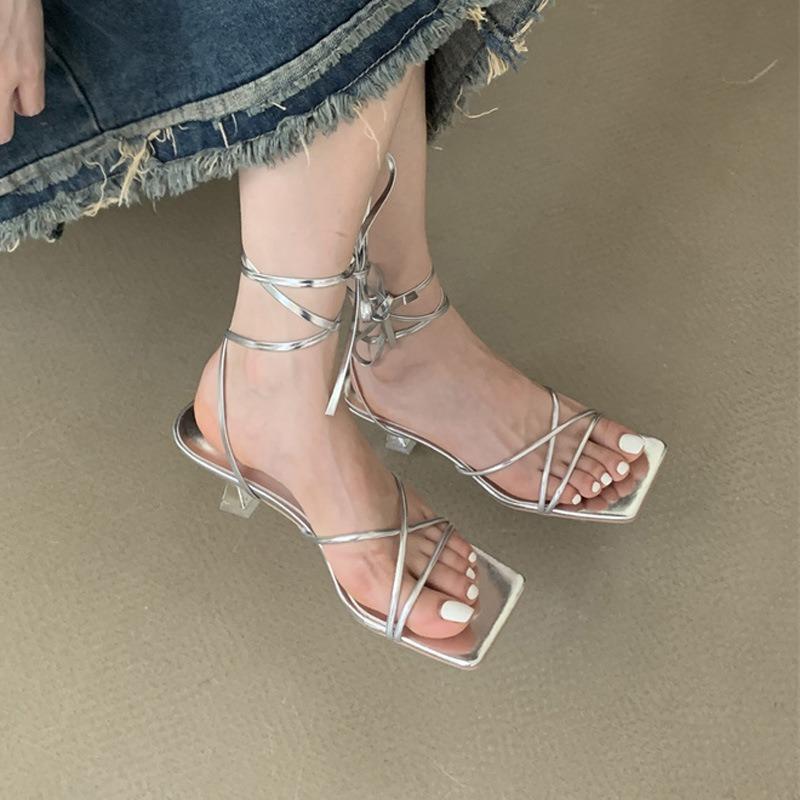 Gold High Heels Summer New Stiletto Rubber Lace-up Cross Strap Temperament High Heels Sandals