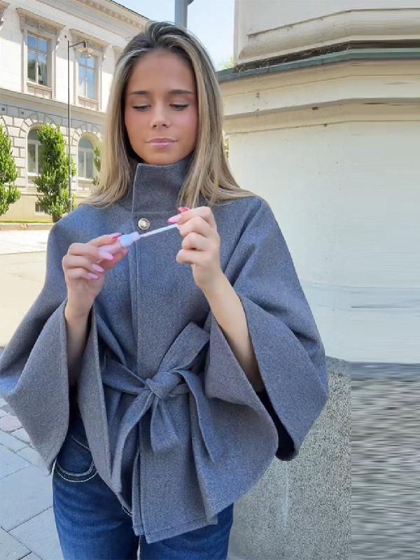 2025 Fall Women's Elegant Stand-up Collar Bell Sleeve Waist-Tie Short Wool Coat
