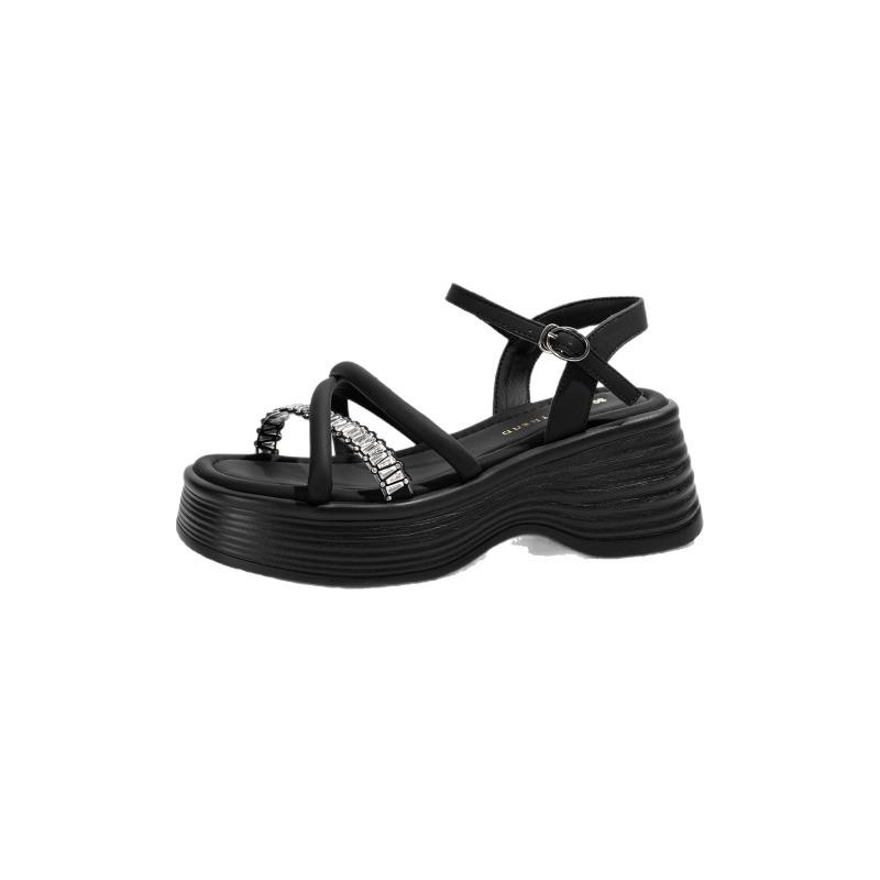 Small thick-soled heightened leather wedge sandals women's summer skirt rhinestone open-toed shoes