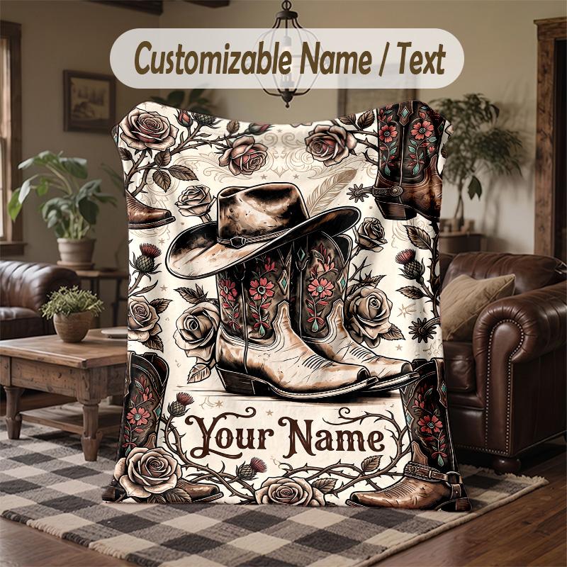 Western Animal Skull Frame Theme Throw Blanket Custom Name Text Personalized Blanket Soft Cozy Blanket for Home Sofa Bed