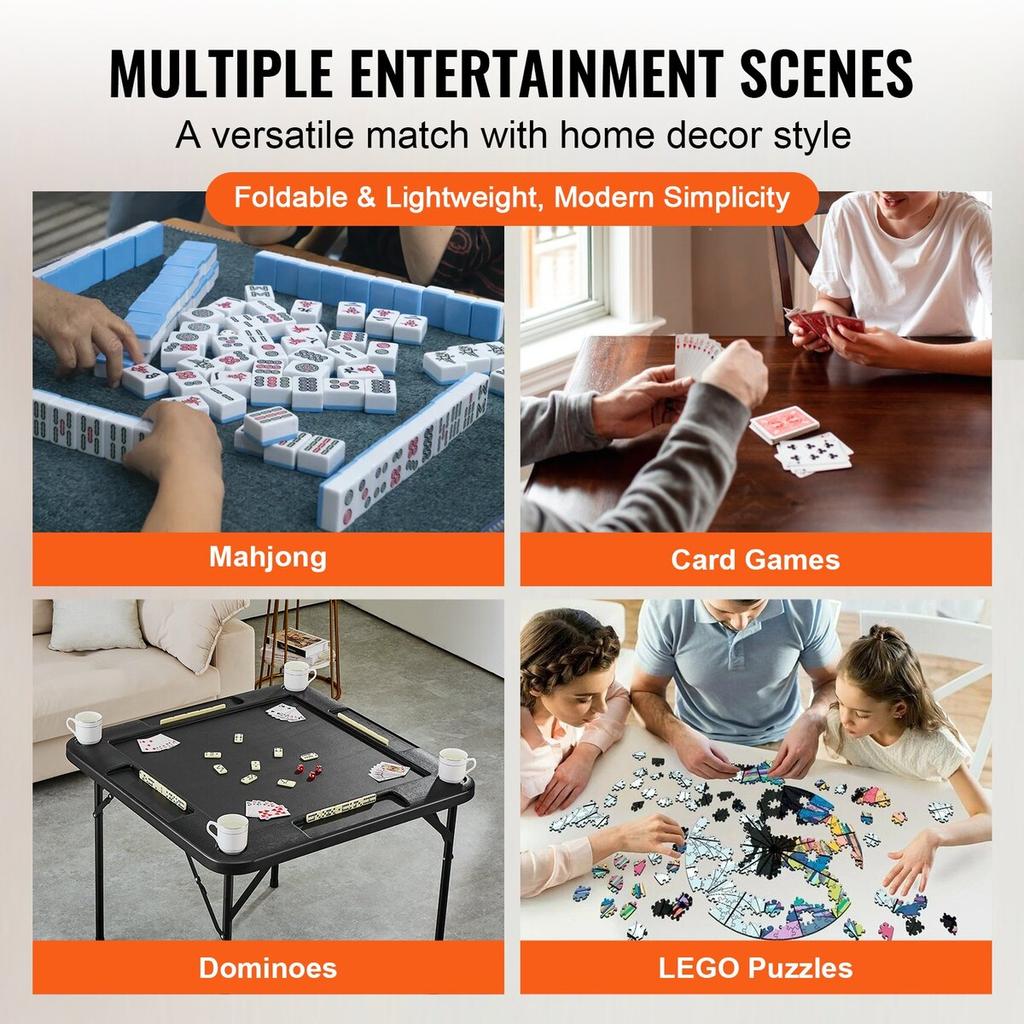 Mahjong Table, Square 4 Player Folding Card Table with 4 Cup Holders & 4 Chip Trays, Portable Domino Game Table with 1 Set of Dominoes for Mahjong