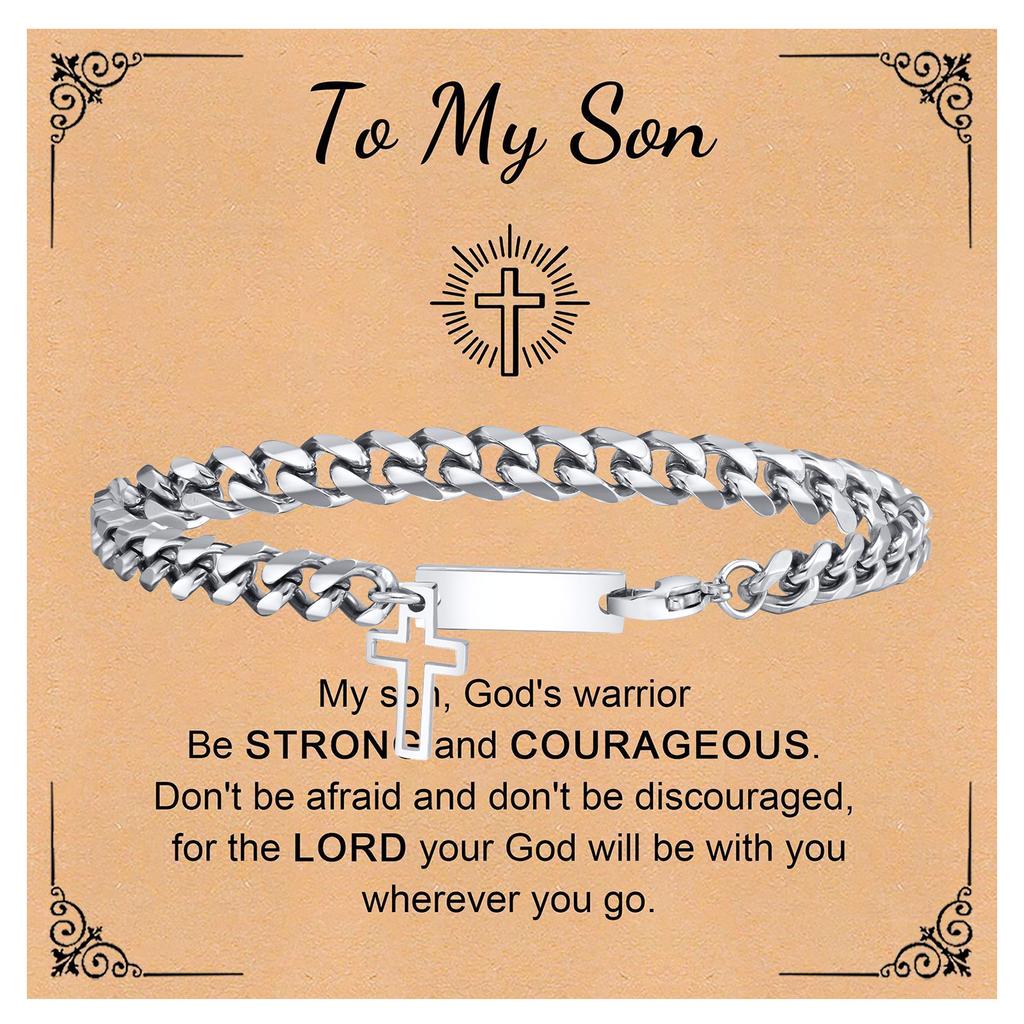Trendy Cross Cuban Chain Bracelet for Men,Christian Religious Baptismal Bible Chain Wristband,Gift Card for Son Dad