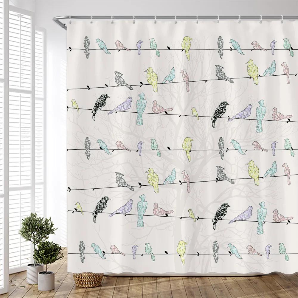 Cartoon Colorful Birds Shower Curtains Creative Design Watercolor Printing Chinese Style Cloth Bathroom Curtain Set Simple Decor