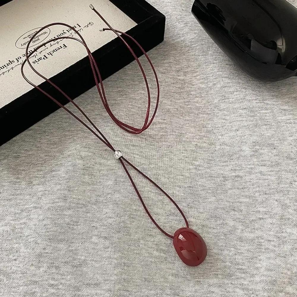 Simple Oval Choker Necklace Wax Rope Alloy Pendant Necklace Long Women's Jewelry Women
