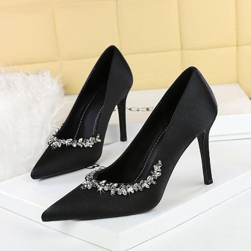 Fashion Elegant Party High Heels Pointed Toe Satin Rhinestone Stiletto Pumps Women Shoes