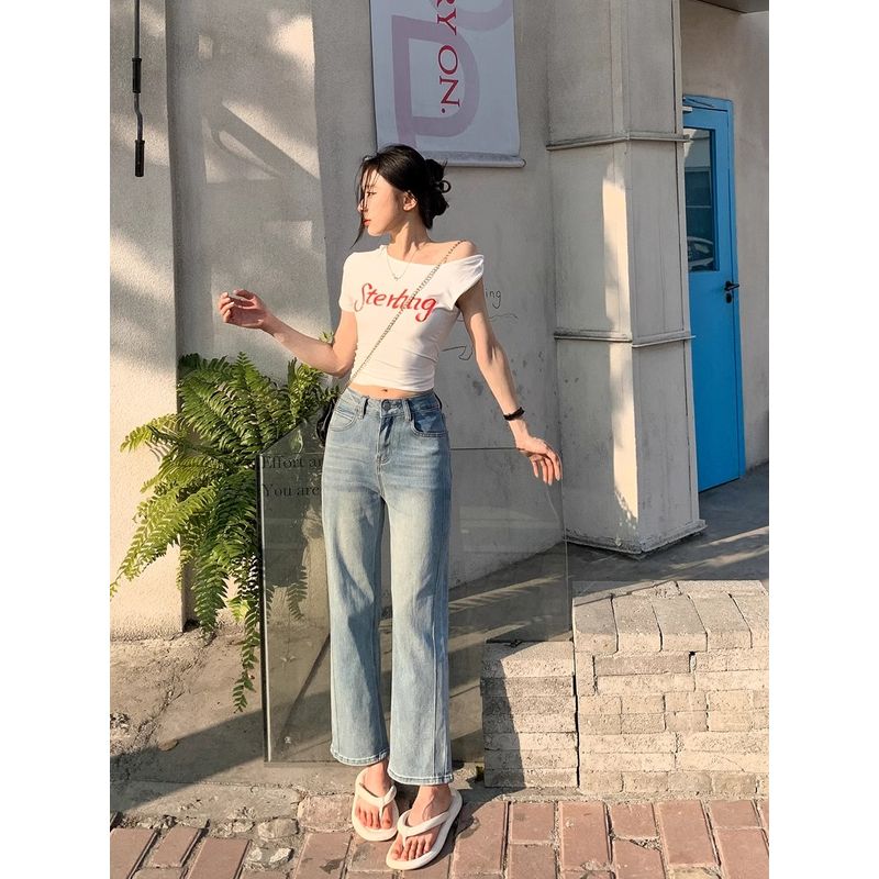 Kumikumi American Retro Worn Looking Washed-out Denim Women's Autumn Slimming All-Matching Youthful-Looking Straight-Leg Pants Cropped Pants