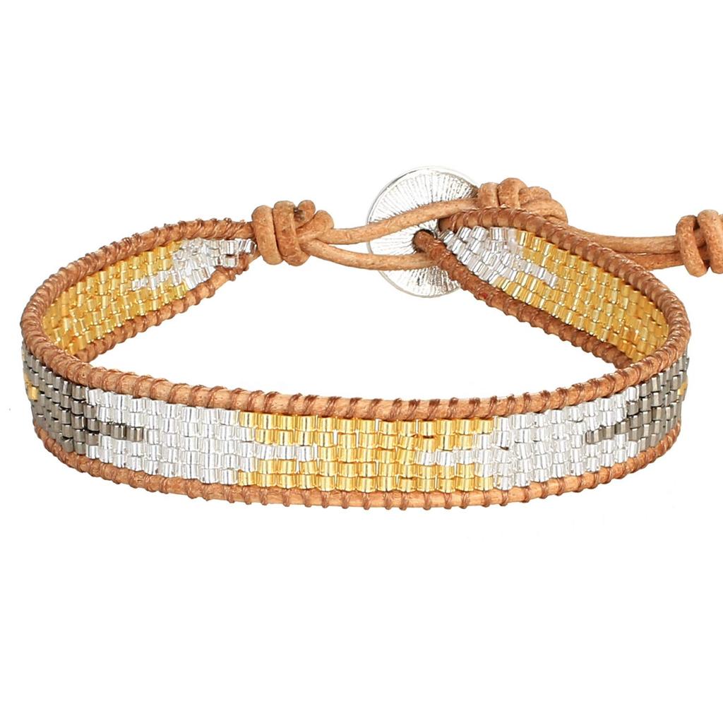 KELITCH Gorgeous Gold Mix Silver Bracelet Leather Handmade Beaded Cuff Bangle