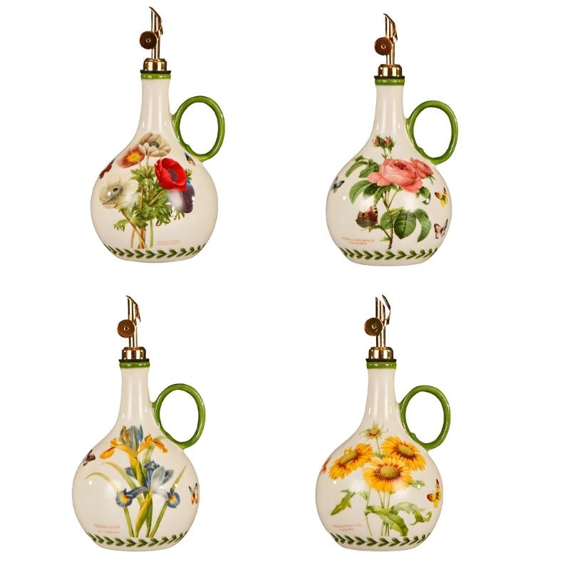 Ceramic Kitchen Oil Bottle with Easy Grip and Metal Pour Lid, Counter Dispenser for Everyday Home Cooking and Display