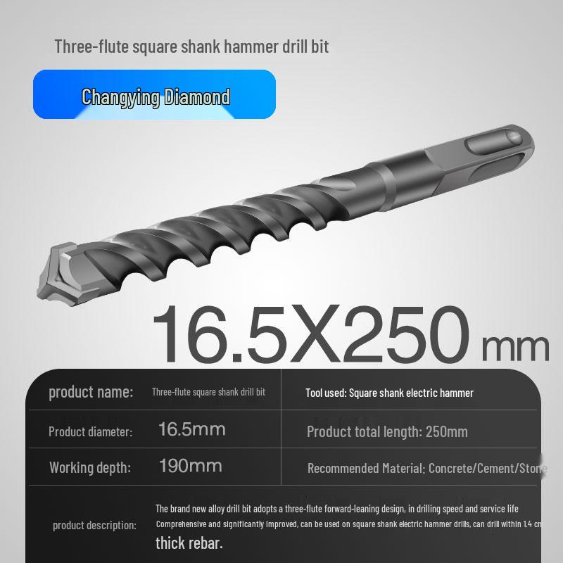 Three-Flute Round & Square Shank Drill Bit for Concrete, Cement, Rebar, Stone, Granite, Marble.