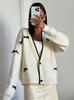 Fall New White Bow Knit Cardigan Women V-Neck Contrast Color Long Sleeve Outerwear