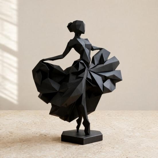 Geometric Faceted Dancer Figurine, 3D Printed Black Ballet Dancer Statue, Modern Ballerina Sculpture for Home Shelf Table Decor