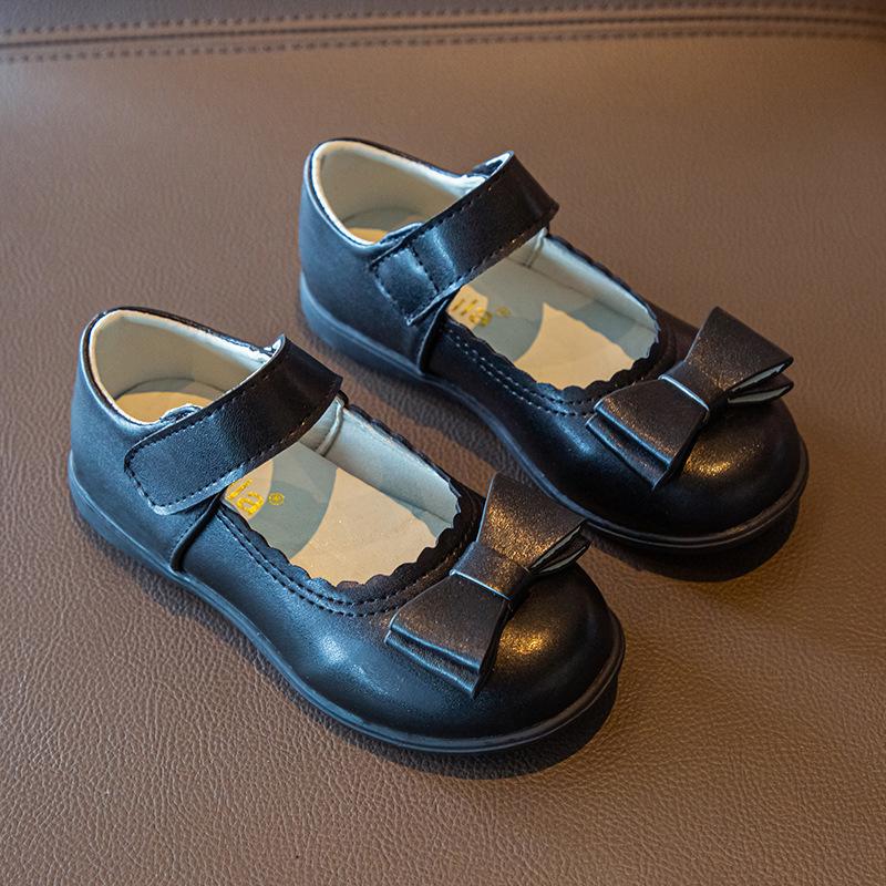 Girls Flat Shoes Round Toes Sweet Bows Kids Leather Shoes Pu Non-slip 2025 New Fashion Children Performance Shoes Black Matte