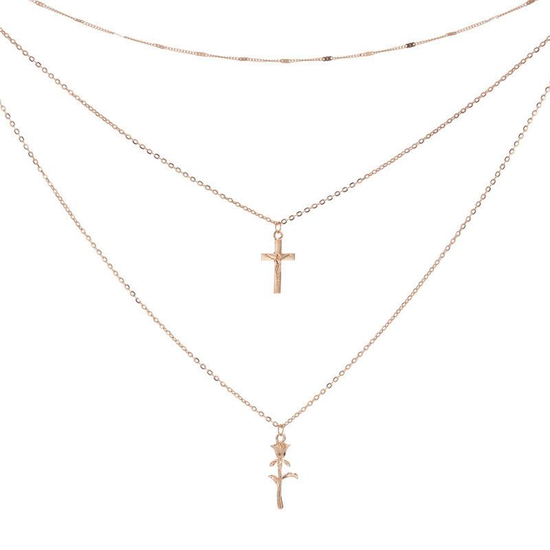 Trendy Gold Geometric Cross Rose Flower Necklace For Women Stylish Gift Jewelry