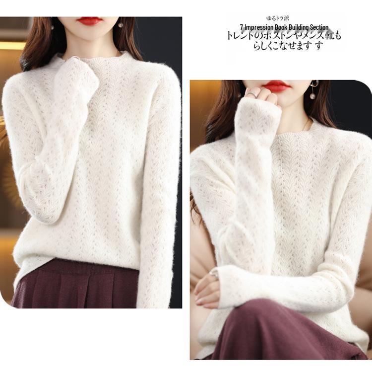 Women's Retro Wool Knit Hollow Out Sweater - Autumn/Winter Long Sleeve Half High Neck Pullover.