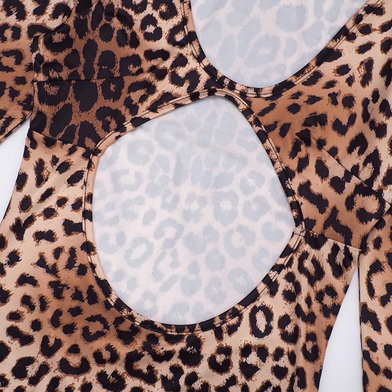 European & American Women's Autumn Leopard Print Hollow Out Long Sleeve Cropped Slim Fit Dress