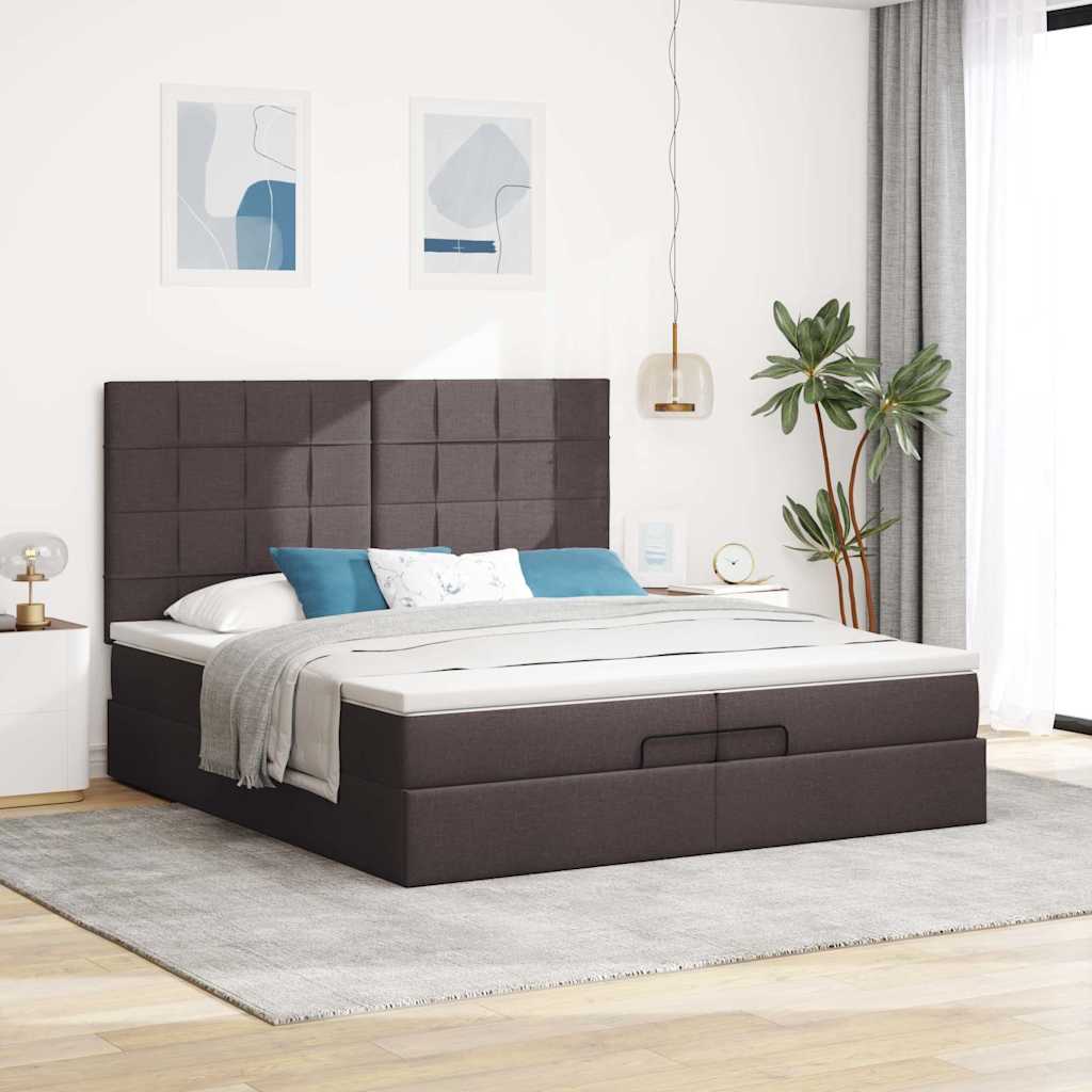 Enjoy restful nights with this Ottoman bed with mattresses and LED lighting in dark brown 200x200 cm fabric