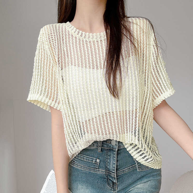 Summer Women's Knitted T-shirt Hollow Knitted Shirt Large Size Short Sleeved Shirt Outer Cover Top