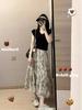 Plus Size Summer Outfit: V-neck Short-sleeve Tee & Ink Painting Skirt Set