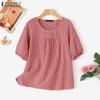 ZANZEA Women Casual Crew Neck Half Sleeve Grid Printed Blouse