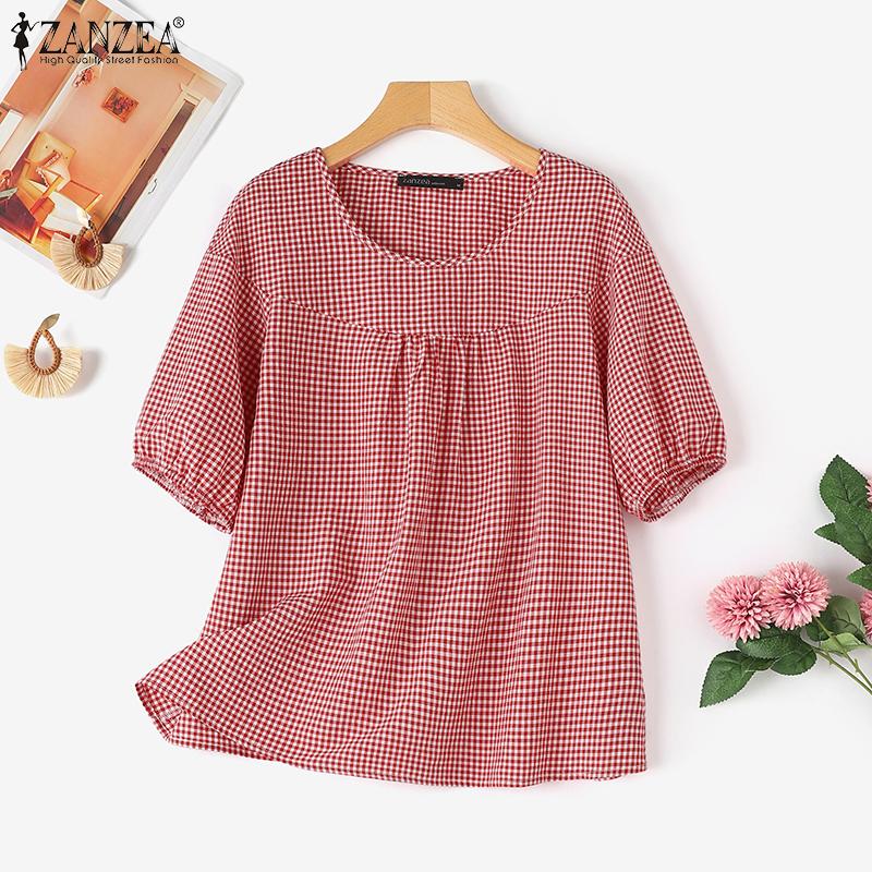 ZANZEA Women Casual Crew Neck Half Sleeve Grid Printed Blouse