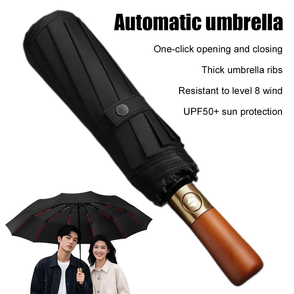 Fully Automatic 144-Rib Premium Light Luxury Wooden Handle Umbrella Black Glue UV-Resistant Windproof Folding Parasol Rain Gear