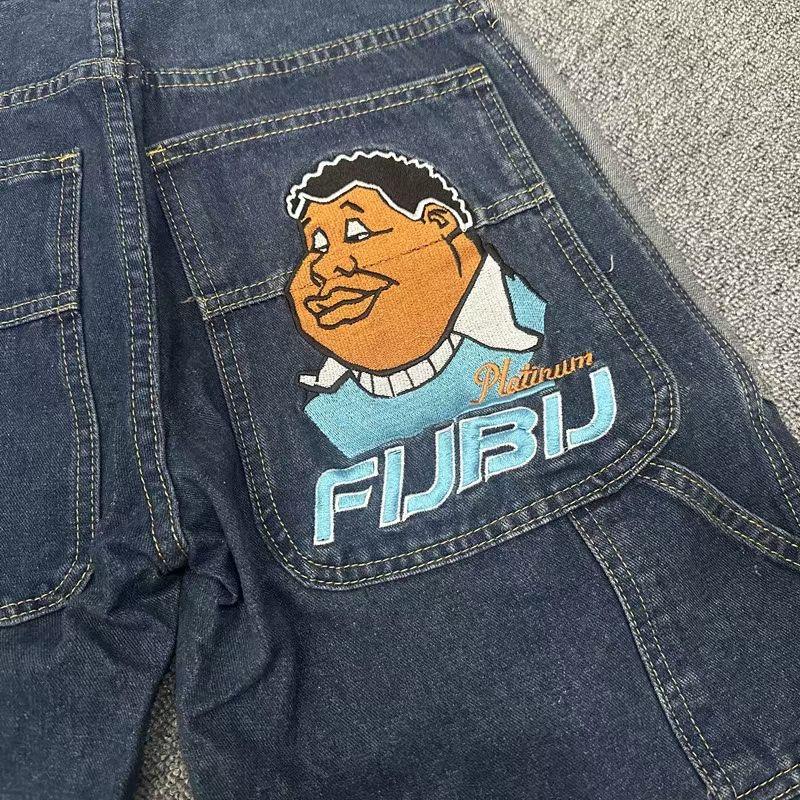 RogueWave Y2K Jeansshorts Herren Harajuku Hip Hop Cartoon Stickerei Blau Baggy Denim Lässig Knielang Kurz