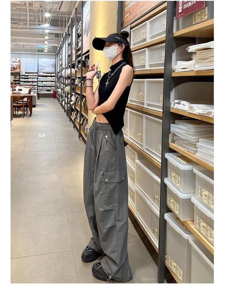 Women's Retro Quick-Dry Cargo Joggers - Summer Ice Silk, Multi-Pocket, Windproof, Wide Leg Hiking Pants